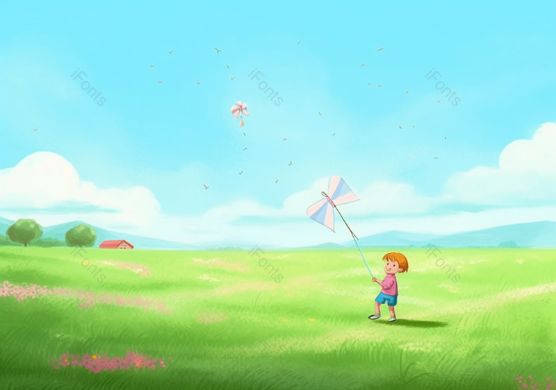 小男孩儿童节女孩在草原草地快乐地放风筝小清新插画,插画/手绘图,插画/手绘图库,插画/手绘图下载,插画/手绘